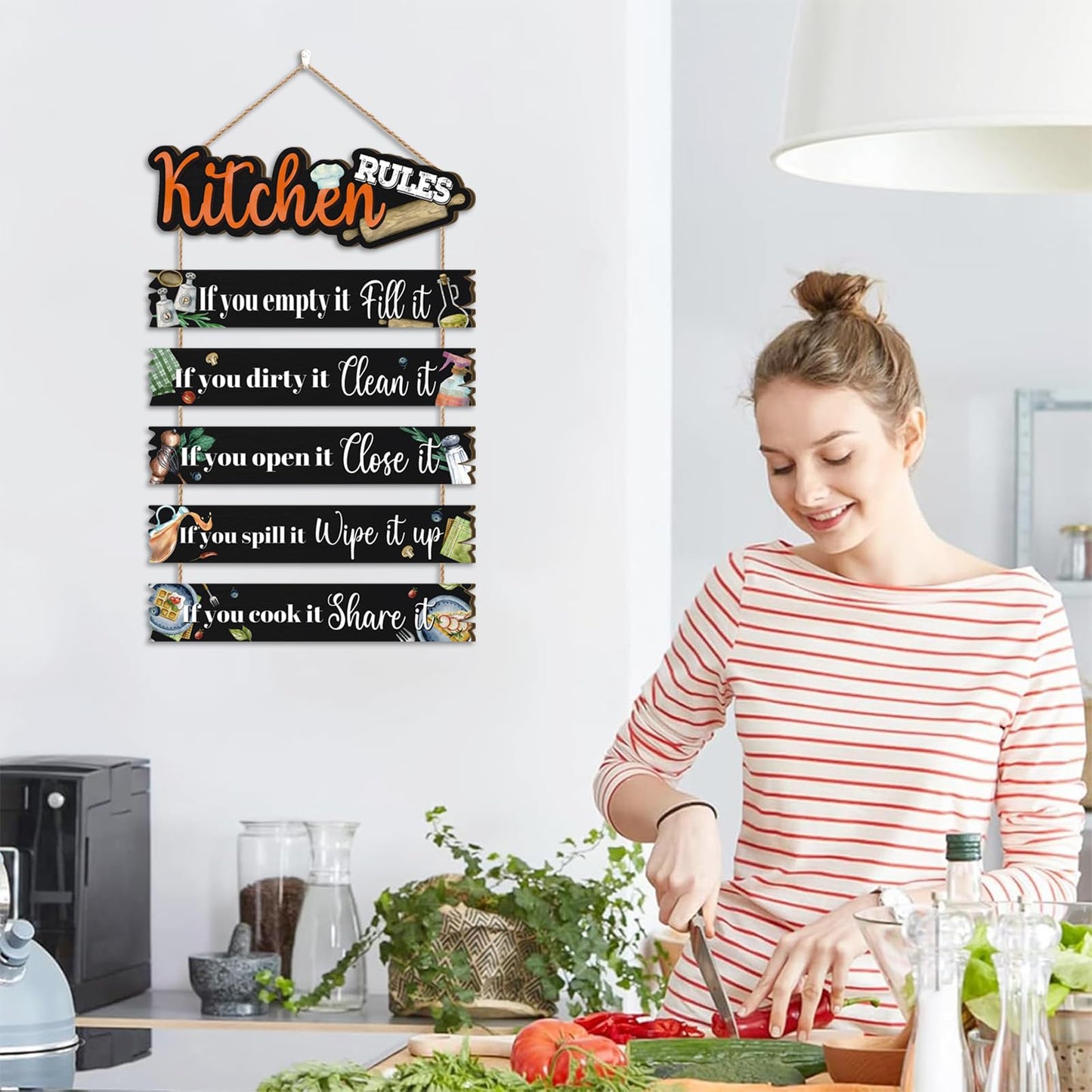 Celestdeco Kitchen Wall Sign,Funny Kitchen Rules Wall Decor,Rustic Bless the Food Wall Decoration Food Door Sign,Family Wood Decor for Home Dining Room Living Room
