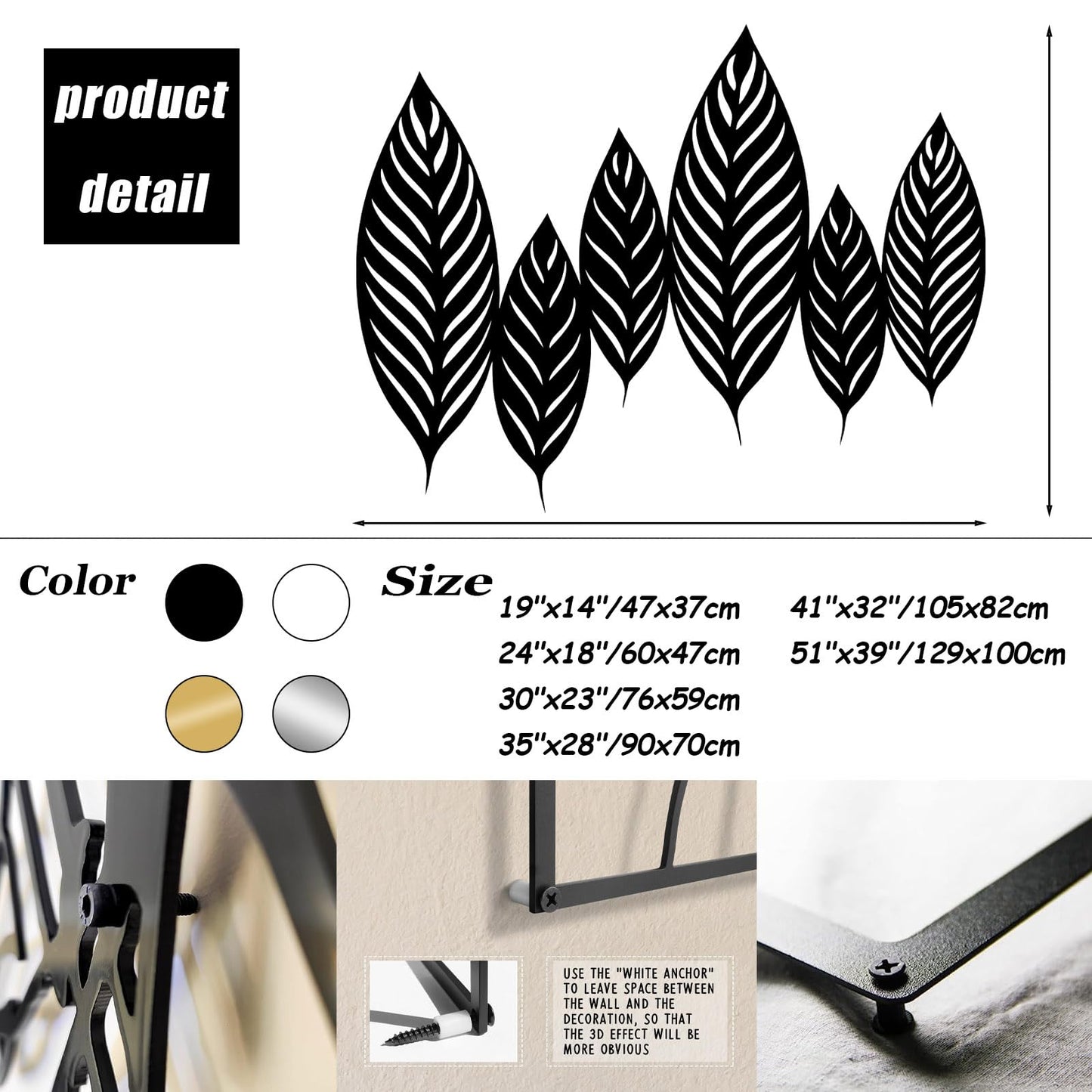 Chaser of Light Metal Leaf Wall Decor, Large Leaves Metal Wall Art, Minimalist Wall Art, Boho Wall Sculpture, Nature Decorations for Living Room, Bedroom (Black, 19"x14"/47x37cm)