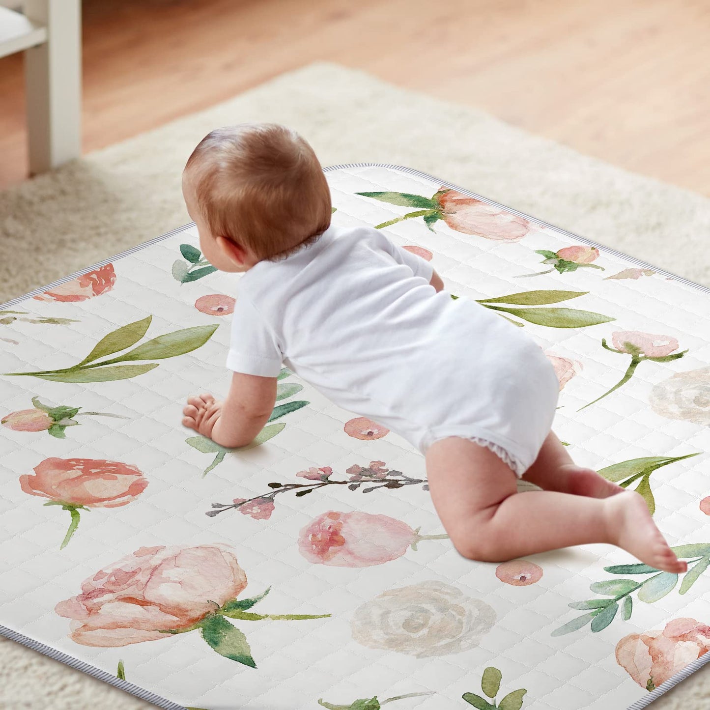Funtery 43 x 43 Inch Boho Baby Play Mat Portable Crawling Washable Foldable Tummy Time Non Slip Baby Floor Large Playpen Mat for Infants Toddlers Floor Playpen Activity(Flower Theme)