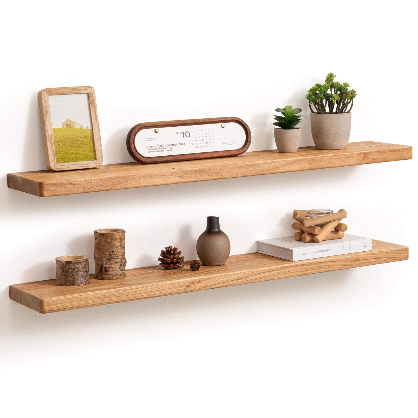 Fun Memories 36 Inch Floating Shelves for Wall, Solid Elm Wood Wall Shelf for Home Decor, Heavy-Duty Hardwood Floating Shelf for Bedroom, Bathroom, Living Room, Set of 2