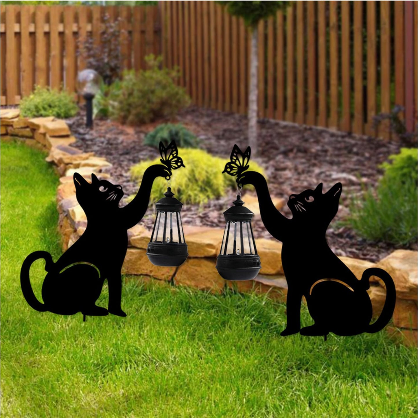 DOMSCIEN Solar-Powered Black Dog&Cat Garden Decor Stakes - Metal Silhouette Figurine for Outdoor Yard, Lawn, and Patio Decoration