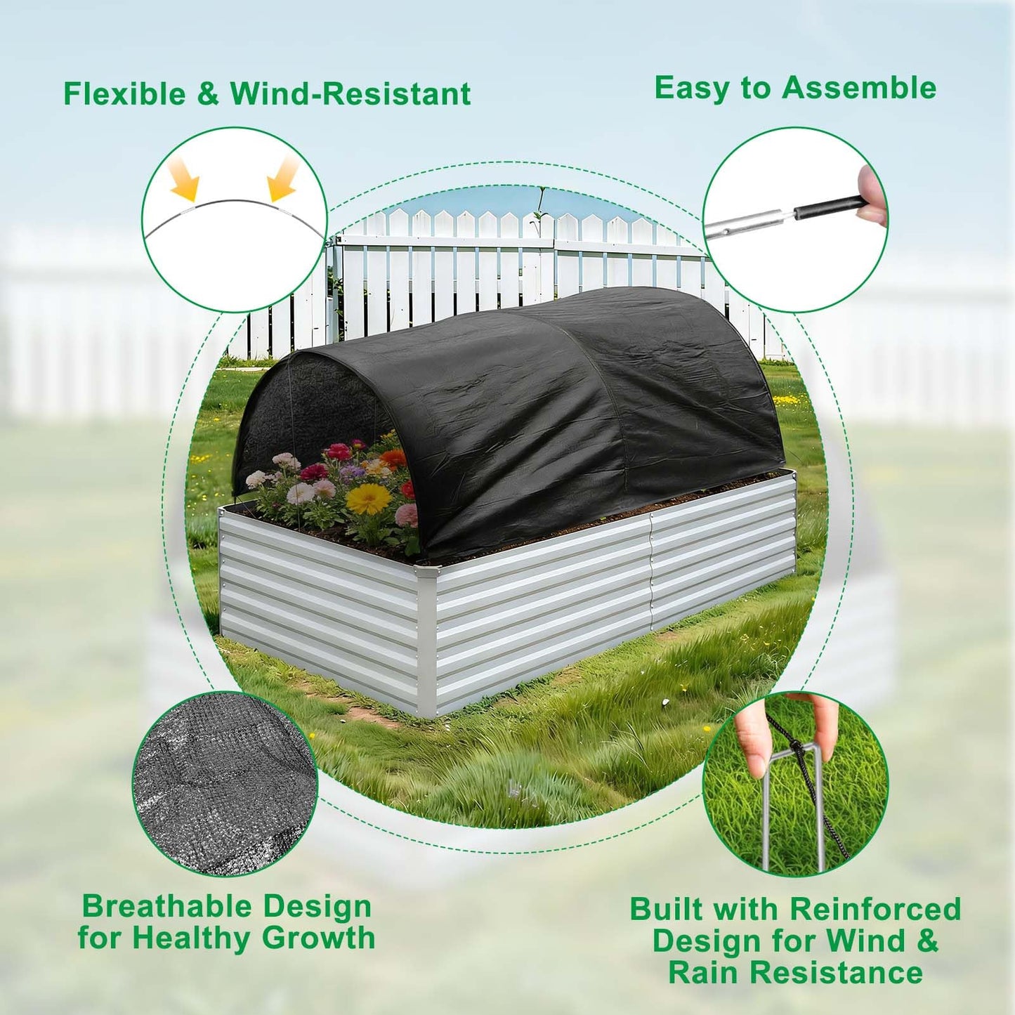 Upgraded 4x2x1Ft Raised Garden Bed Sun Shade Kit – 70% Black Shade Cloth Plant Sunblock Cover with 7mm Thicker Foldable Fiberglass Poles, Pre-Assembled Tunnel with Stakes & Fixed Ropes for Raised Bed