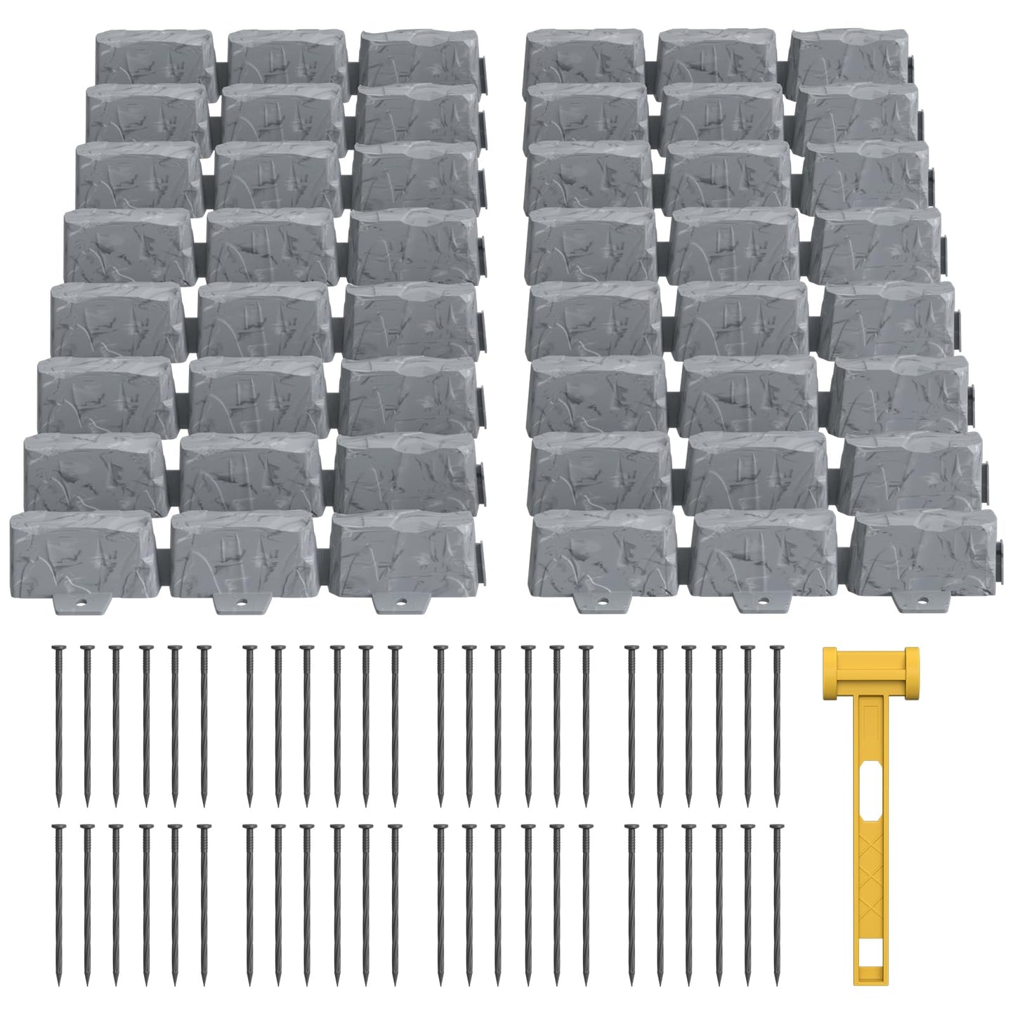 16 Pack(24FT) No Dig Landscape Edging with 48 Spikes,3 Inch Tall Stone Gray Faux Stone Edging for Landscaping,Garden,Flower Beds,Grass,Yard,Paver,Pathway Decorative Fence