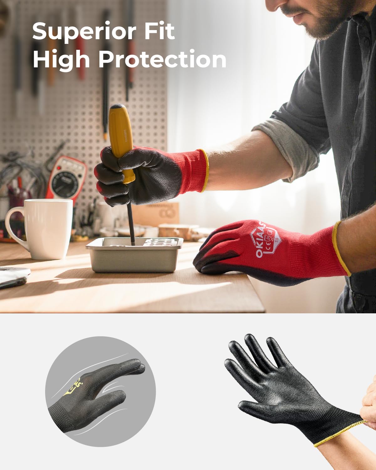 OKIAAS Work Gloves for Men，Ultra Thin and Lightweight Working Gloves with Grip, 12 Pairs Bulk Pack Construction Gloves with Polyurethane Coating, Safety Gloves for Light Duty Work (Blue, X-Large)