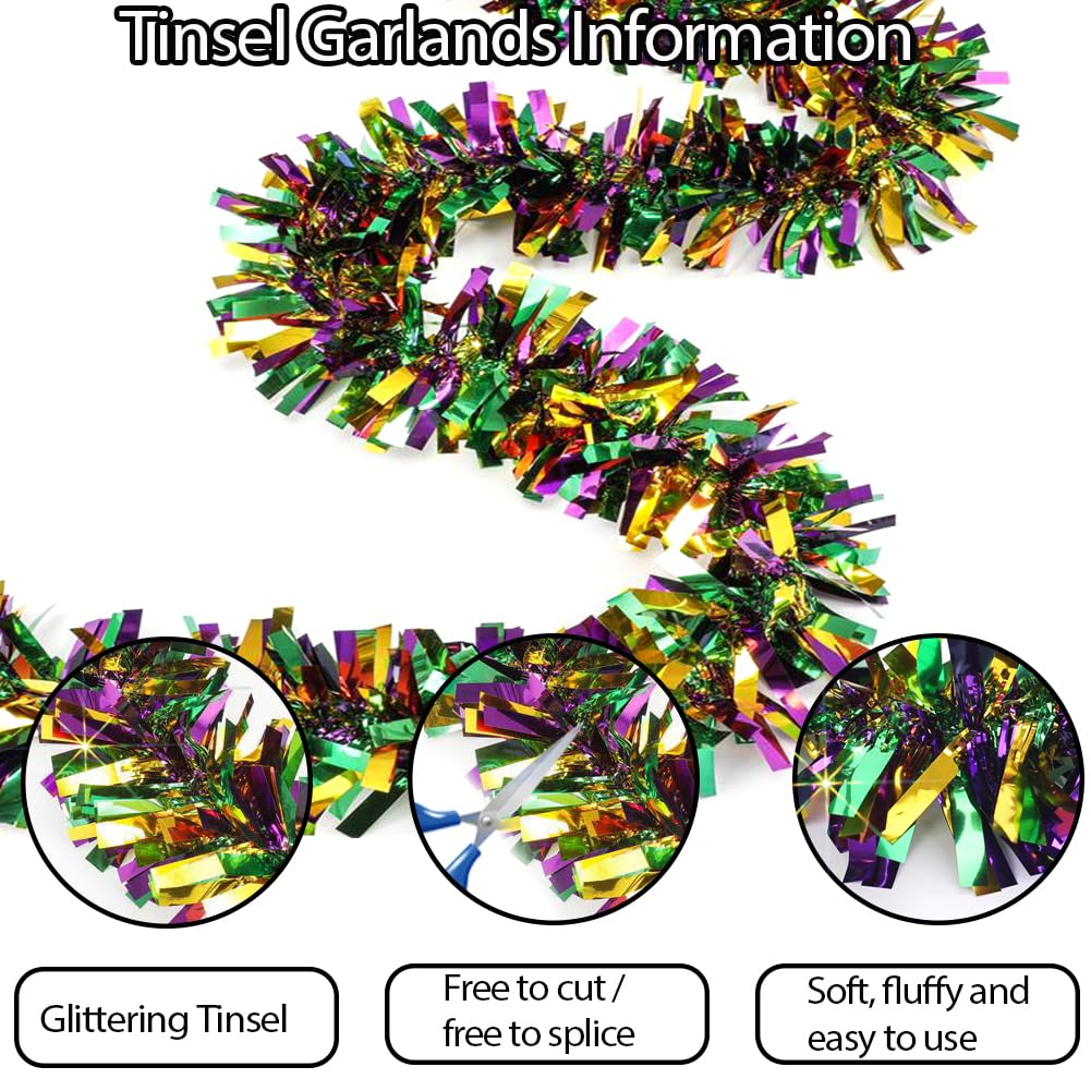 33Ft Christmas Tinsel Garland, Gold Green Purple Metallic Twist Foil Tinsel Garland Hanging Decor for Christmas Tree Birthday Kwanzaa Party Indoor Outdoor Party Supplies - Gold Green Purple