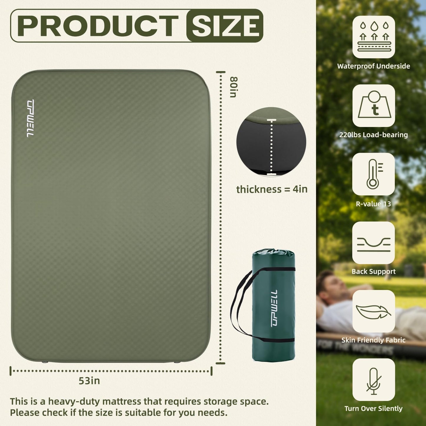 UPWELL Self Inflating Sleeping Pad 4.5" Thickness Camping Mattress with Solid Foam Double Sleeping Mat Portable Fast Inflation for Outdoor Mat Portable Roll Up，with air Pump