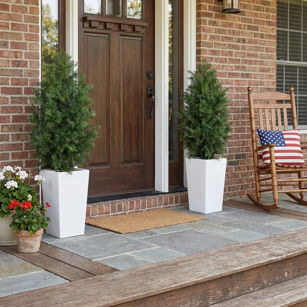 Aveyas 4ft Artificial Cedar Topiary Trees, 4 Feet Faux Potted Plants Evergreen Fake Pine Cypress Tree for Outdoor Porch Home Outside Door Decor (4 ft Tall Including Raised Pot) - Set of 2 Pack
