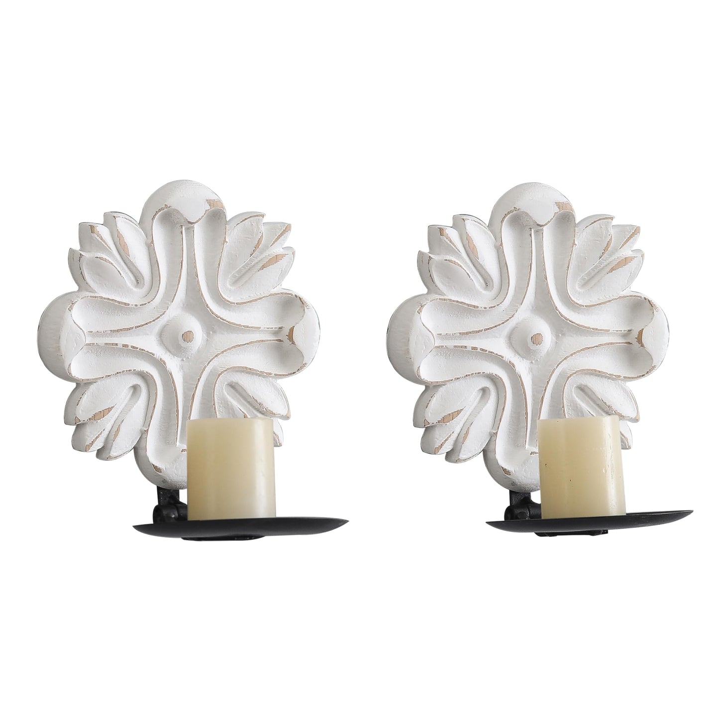 SOFE Small Wood Candle Sconces Set of 2, Carved Flower White Candle Holder for Pillar Candle, Rustic Candle Wall Holder, Living Room, Bedroom, Kitchen Art Wall Decor