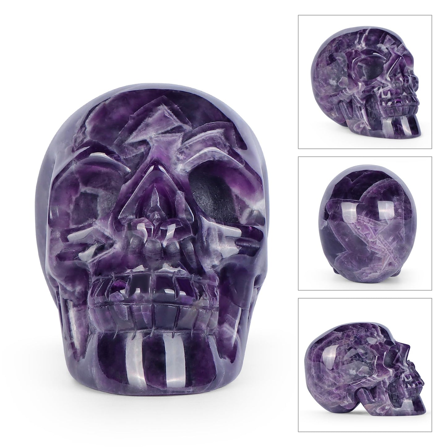 LEADGEM Amethyst Crystal Skull Head Figurine Hand Carved Large Quartz Gemstone Skull Statue Sculpture Decor for Day of The Dead Halloween(3 Inches)