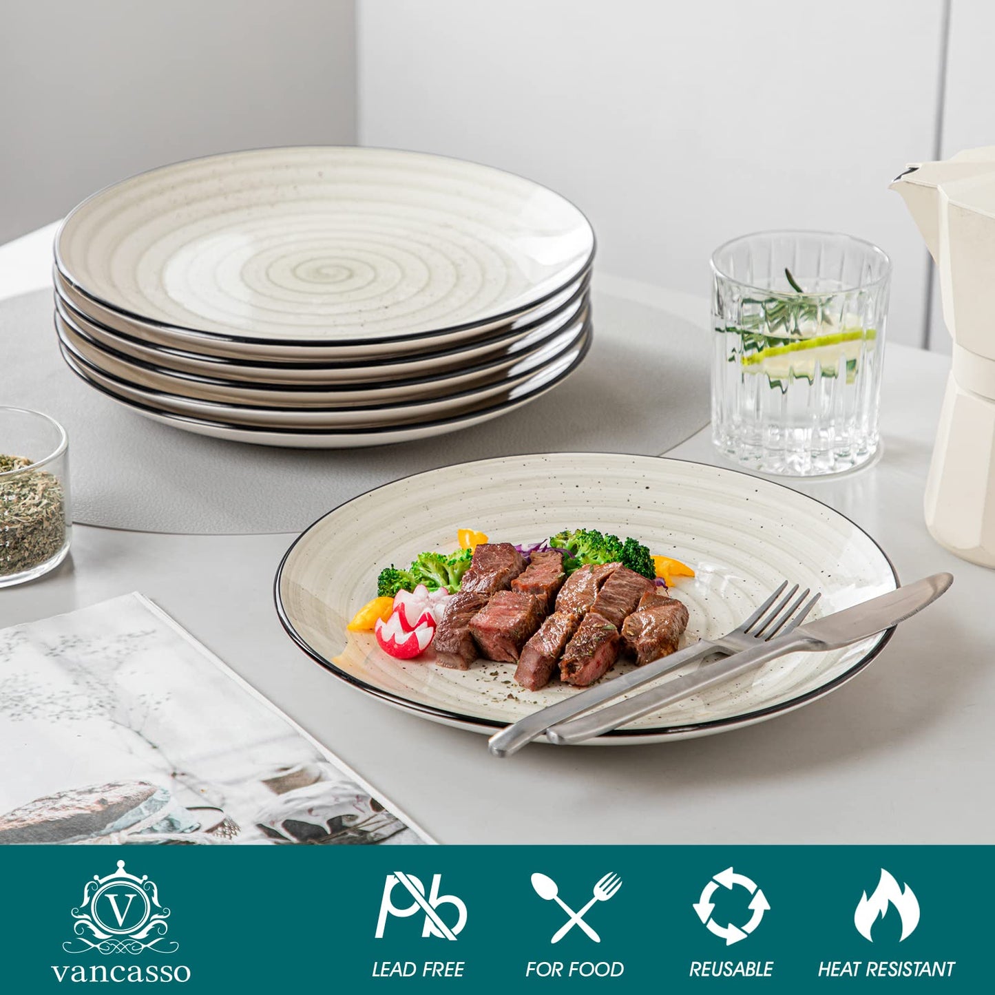 vancasso Bonbon Dinner Plates Set of 6, 10.5 Inch Ceramic Dinner Pasta Plates,Large Dinnerware Plate for Kitchen, Microwave & Dishwasher Safe Serving Bowls, Beige