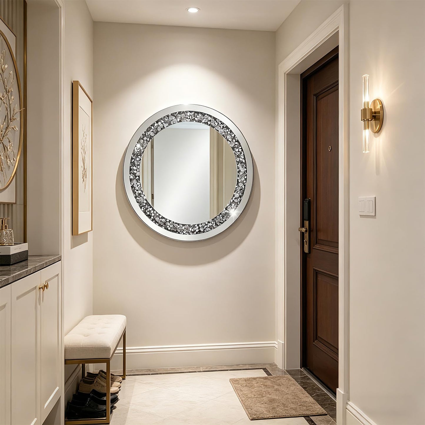 24 Inch Crushed Diamond Round Glass Wall Mirror, Bathroom Mirror, Wall Decoration Hanging Mirror, Suitable for Living Room, Bedroom, Vanity