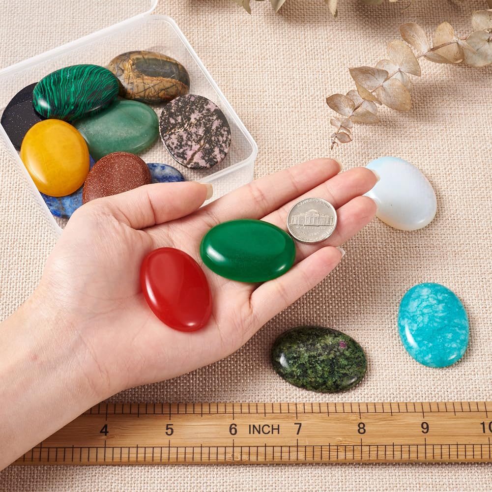 Fashewelry 14pcs Oval Healing Crystal Gemstone Cabochons 40x30mm Assorted Flatback Natural & Synthetic Energy Stone Cab Covers No Hole for Jewelry Craft Bracelet Necklace Making