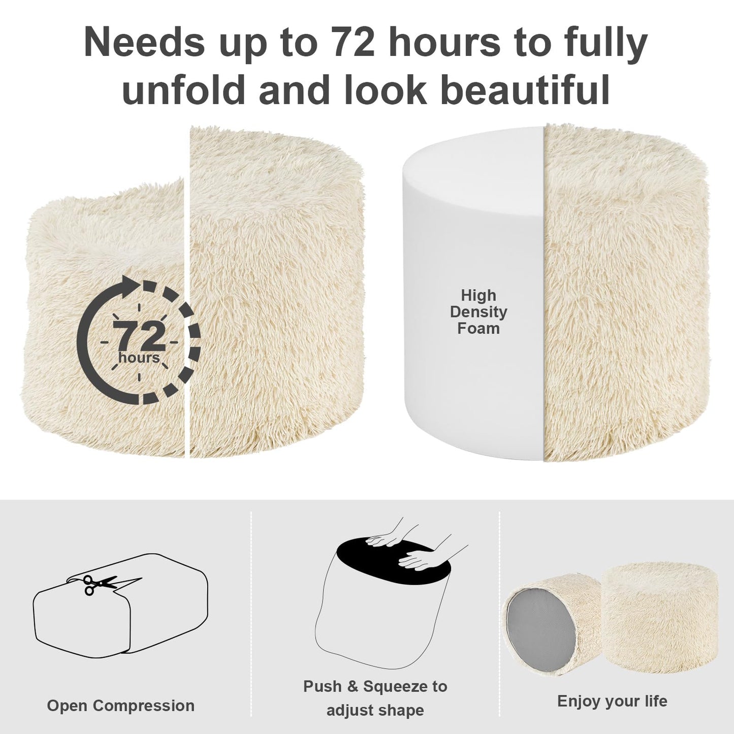 Hansleep Round Stuffed Pouf Ottoman 20 x 15, Foam Filled Faux Fur Ottoman Foot Rest for Chair with Washable Cover, Foot Stools Under Desk for Living Room & Bedroom, Beige
