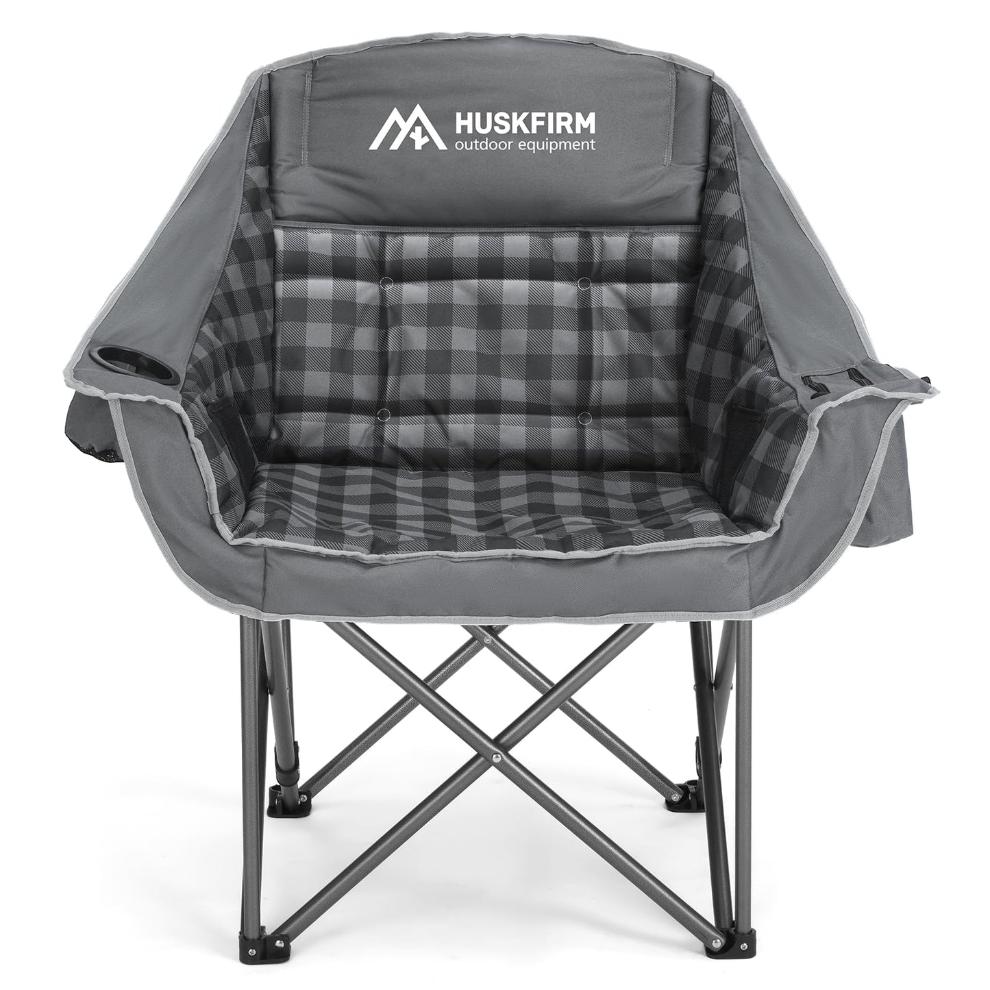 Huskfirm Oversized Camping Chair Padded Camping Chairs Heavy-Duty Foldable Camping Chairs with Cup Holder and Cooler Bag Portable Lawn Chair for Sports Outdoors-Support 450LBS, Grey