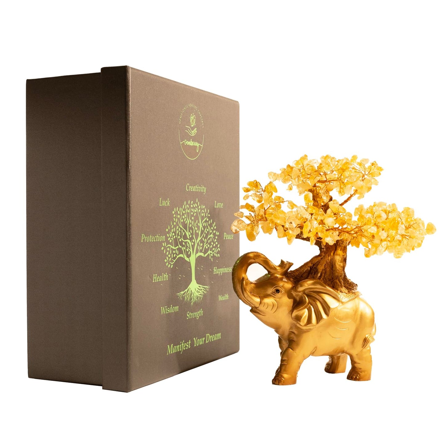 GEMBOURY Citrine Crystal Money Tree on Gold Mini Elephant Statue, 10”Gemstone Bonsai Tree of Life Home Décor Gifts for Wealth Positive Energy, Feng Shui Décor