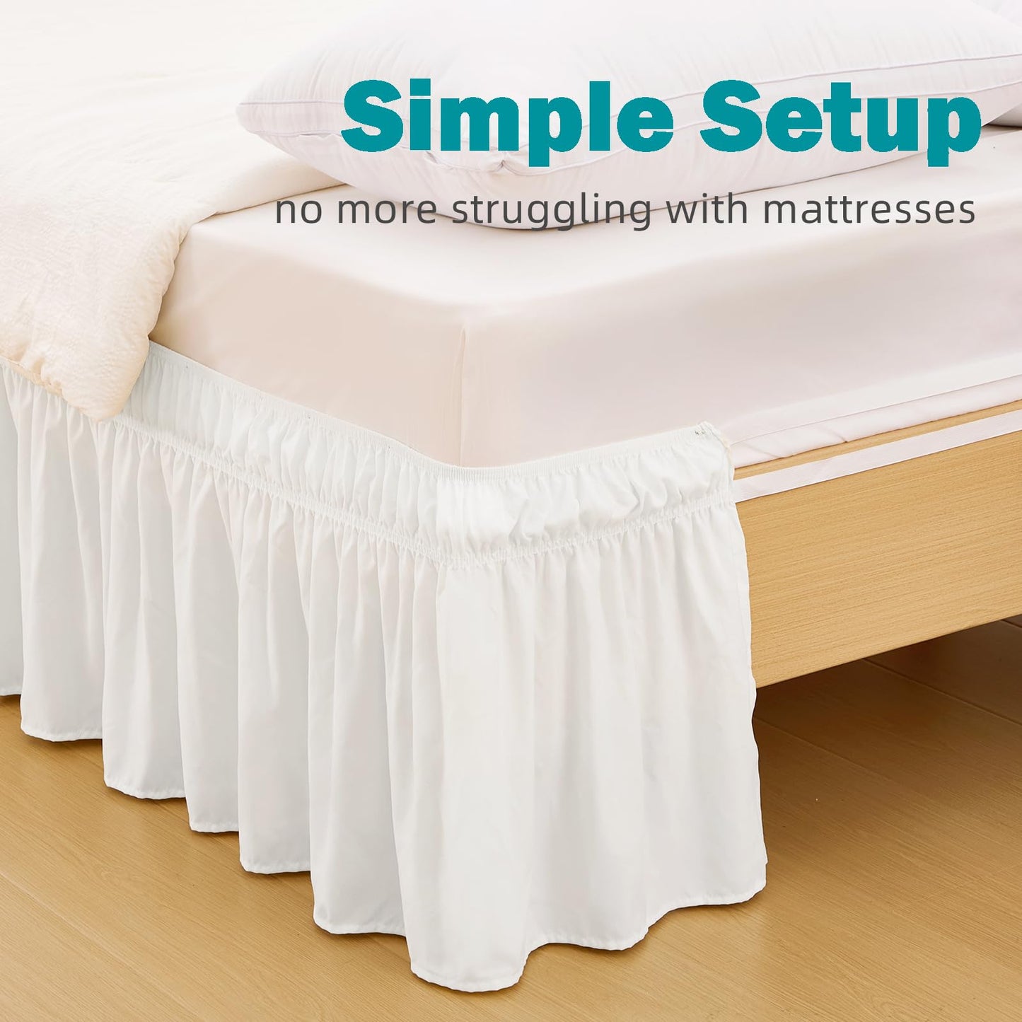 Vocander White Queen Size Bed Skirt 14 Inch Drop, Elastic Wrap Around Dust Ruffle Bed Skirting Easy to Install, Adjustable Tailored Bedskirts Fade & Wrinkle Resistant, Bedroom Decor