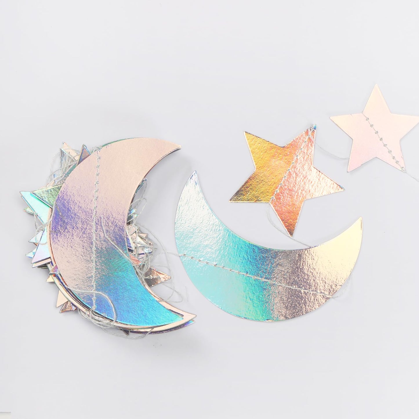 Iridescent Disco-Holographic Party-Decorations Moon-Star Garland - 62Ft Twinkle Little Star Hanging Neon Streamers Banner,Eid Ramadan Mubarak Decoration Birthday Wedding Baby Shower Decor Panduola