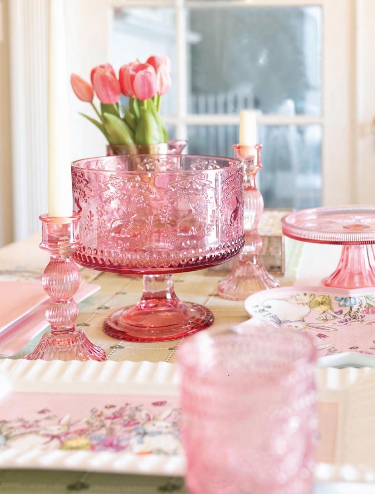 Boston International Vintage-Inspired Glass Cake Stand Round Pedestal for Desserts Cupcakes & Pie, 8.25" x 3.5", Pink Codi