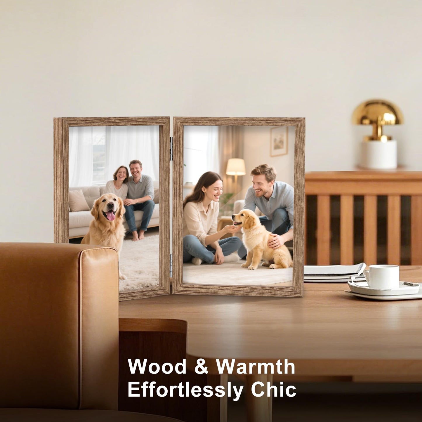 FOREV 4x6 Double Picture Frame Wooden Hinged Photo Frame Definition Glass Stand Vertically on Desktop or Tabletop