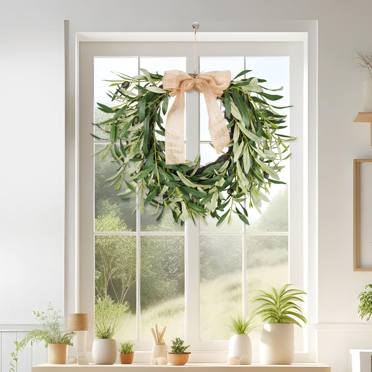 20.87 Inch Artificial Olive Wreaths for Front Door, Real Touch Green Leaf Olive Fruit Spring Flower Swag, Perfect for Wedding Home Outdoor Indoor (1PCS)