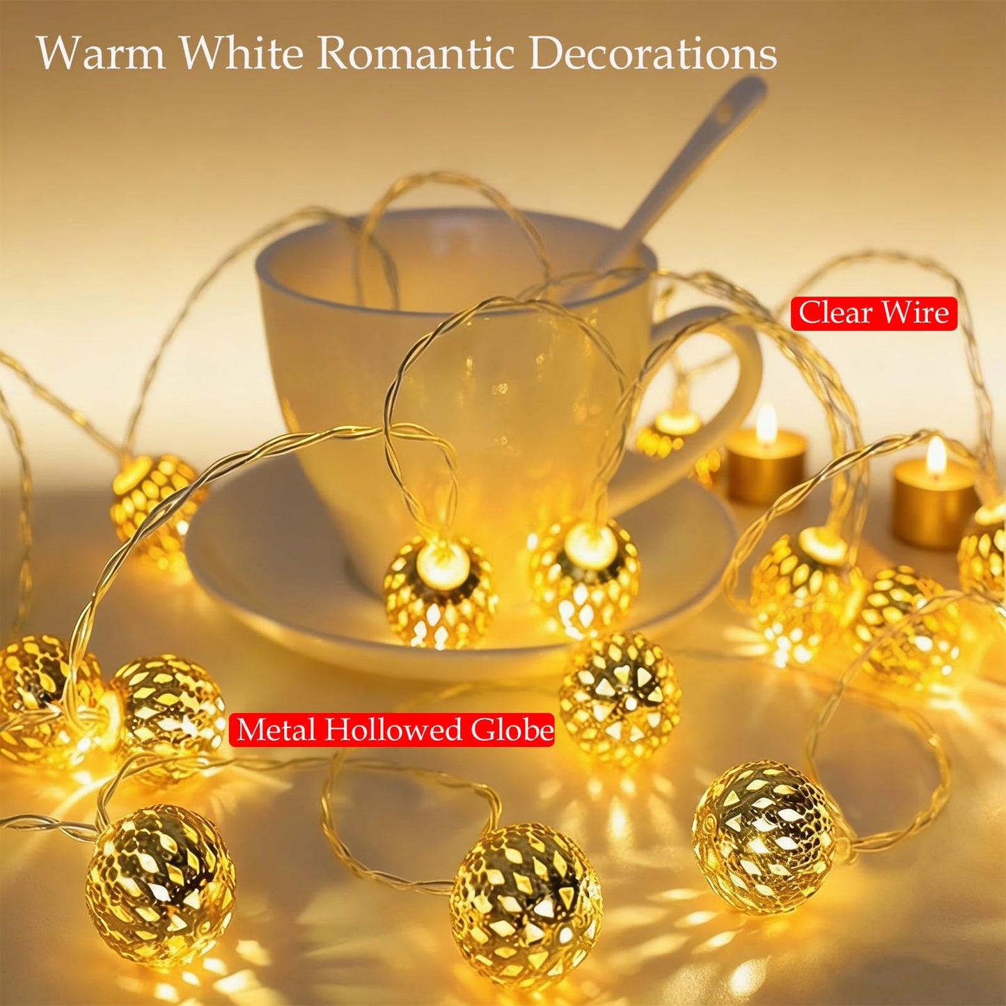 USB & Battery Operated Fairy Moroccan String Lights for Home Bedroom Decor, 9.8ft 20 LED Decorative Metal Gold Globe Lanterns 8 Modes Diwali Decoration for Christmas Birthday Boho Party (Warm White)