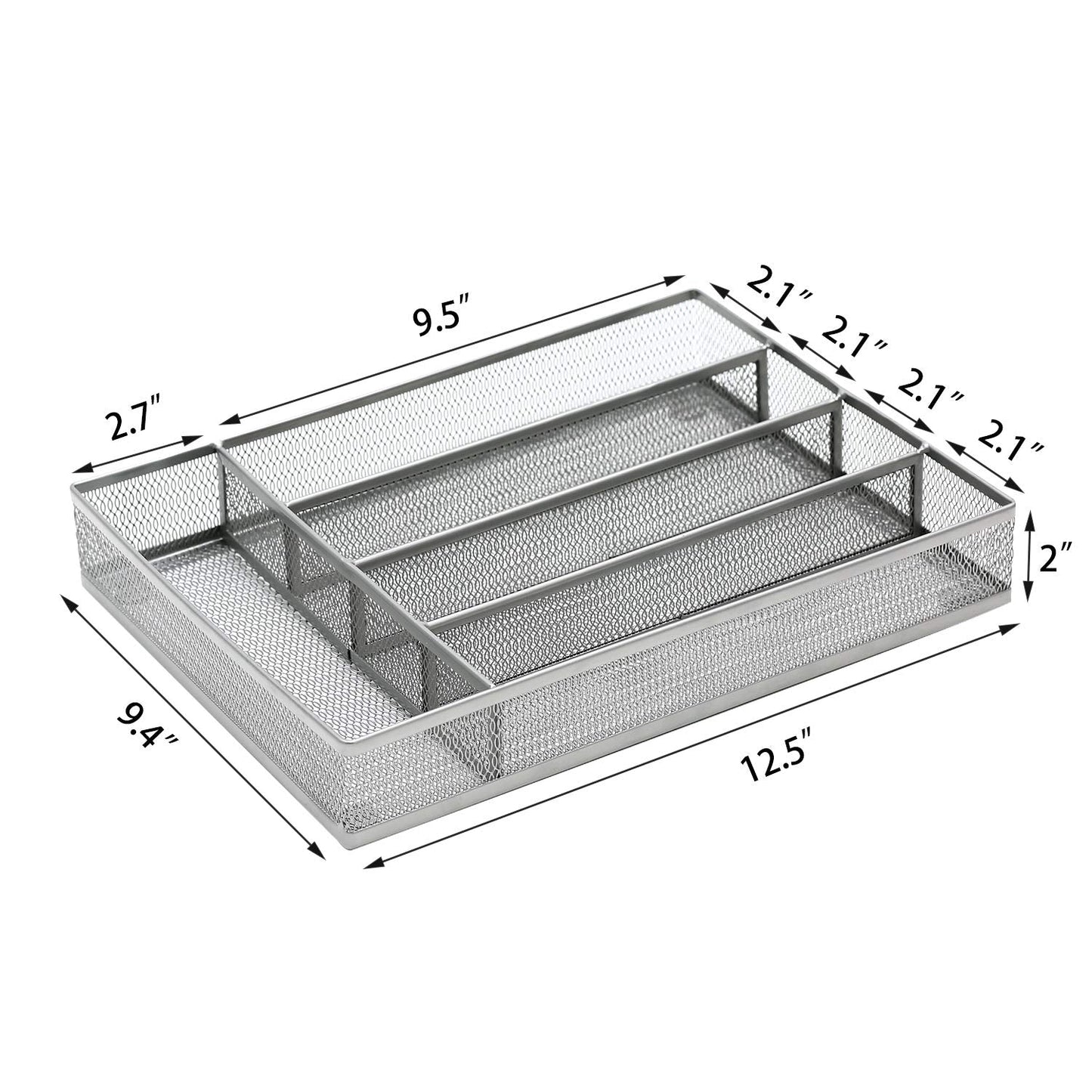 JANE EYRE Drawer Organizer, Cutlery Tray Silverware Flatware Storage Divider for Kitchen, Mesh Wire with Non-slip Foam Feet, 5 Component, Silver