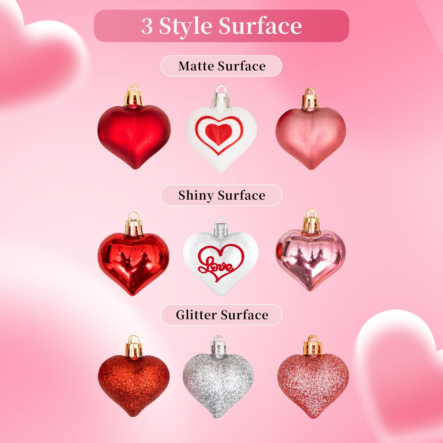 45Pcs Valentine's Day Heart Shaped Ornaments, Heart Shaped Baubles Red Pink Glitter White Silver Hanging Decorations for Valentine's Day Christmas Wedding Anniversary(9 Styles)