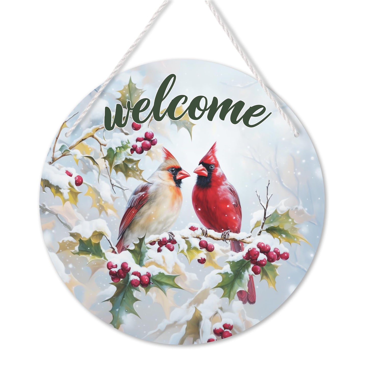 1 Pcs Winter Welcome Cardinal Bird Front Door Sign, Christmas Cardinal Bird Round Hanging Sign, Twig Berry Snow Outdoor Porch Home Wall Patio Garden Farmhouse Holiday Decor, 11 x 11 inches