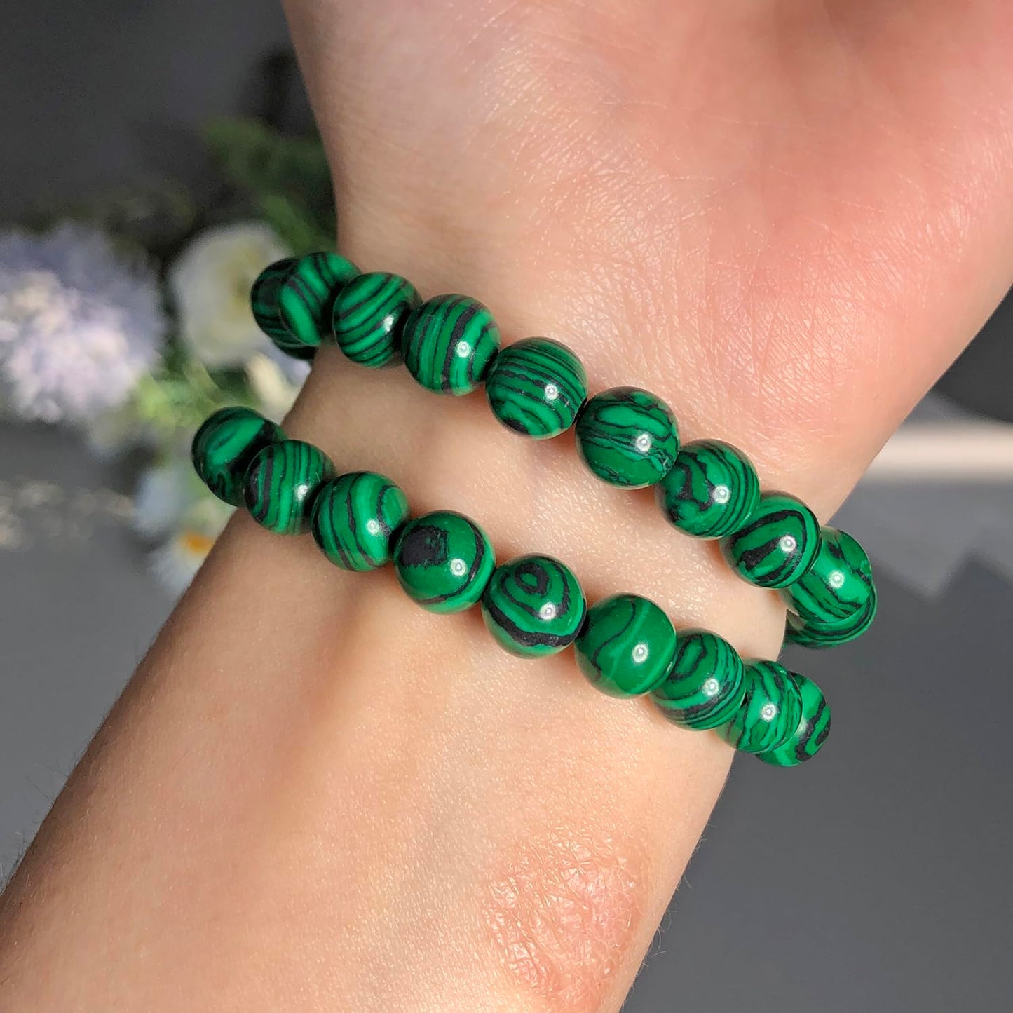 Yochus 45pcs Glossy Malachite Beads，8mm Healing Power Natural Stone Round Loose Gemstone Beads for Jewelry Making Earring Necklace DIY Crafts