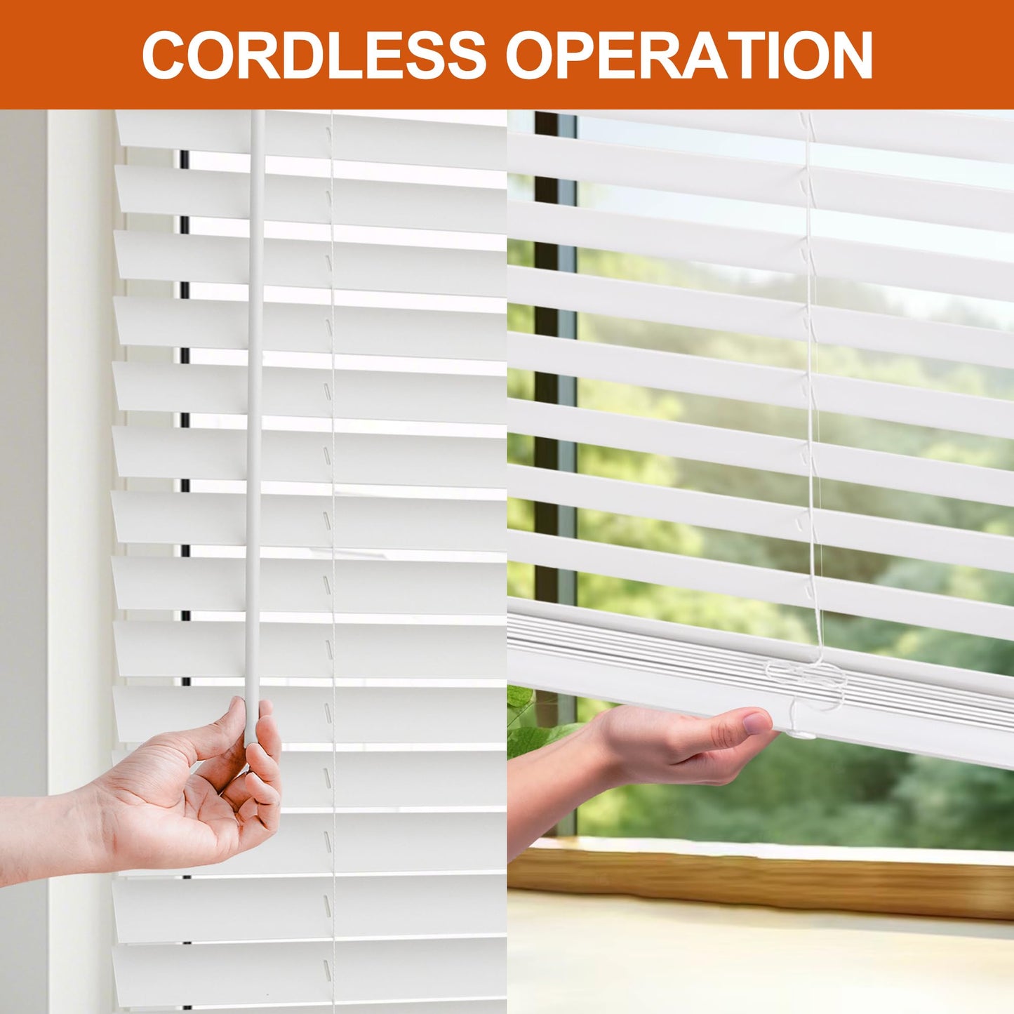 Faux Wood Blinds for Indoor Windows, 35" Width x 60" Height Cordless Window Blinds with Valance for Home, No-Hole Privacy Slats,2" White Blinds for Kitchen, Bathroom & Living Room
