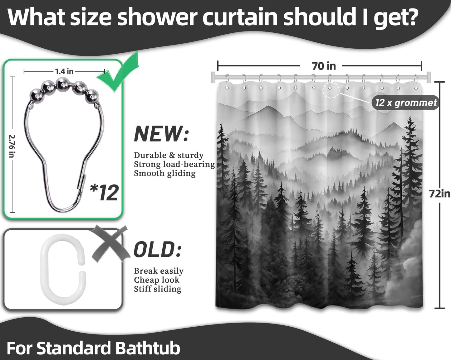 QGHOT Mountain Shower Curtain Black and White Forest Nature Shower Curtains for Mens Bathroom Charcoal Grey Rustic Woodland Pine Tree Cool Bath Decor Sets, Waterproof Fabric with Hooks, 70x72in