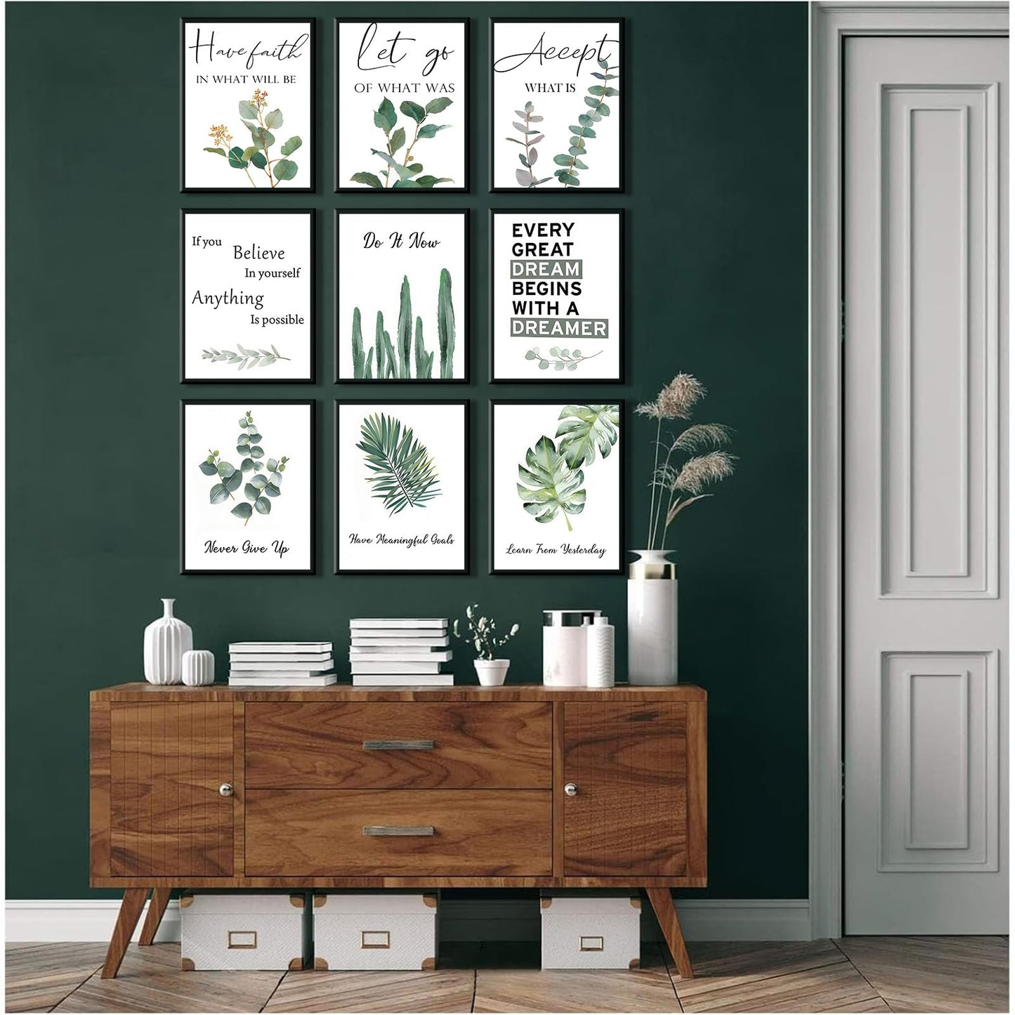 9pcs Inspirational Wall Art Motivational Quotes Wall Decor for Office Inspirational Eucalyptus Leaves Sage Poster Never Give Up Canvas Prints Painting Picture for ClassroomBedroom 8x10in Unframed