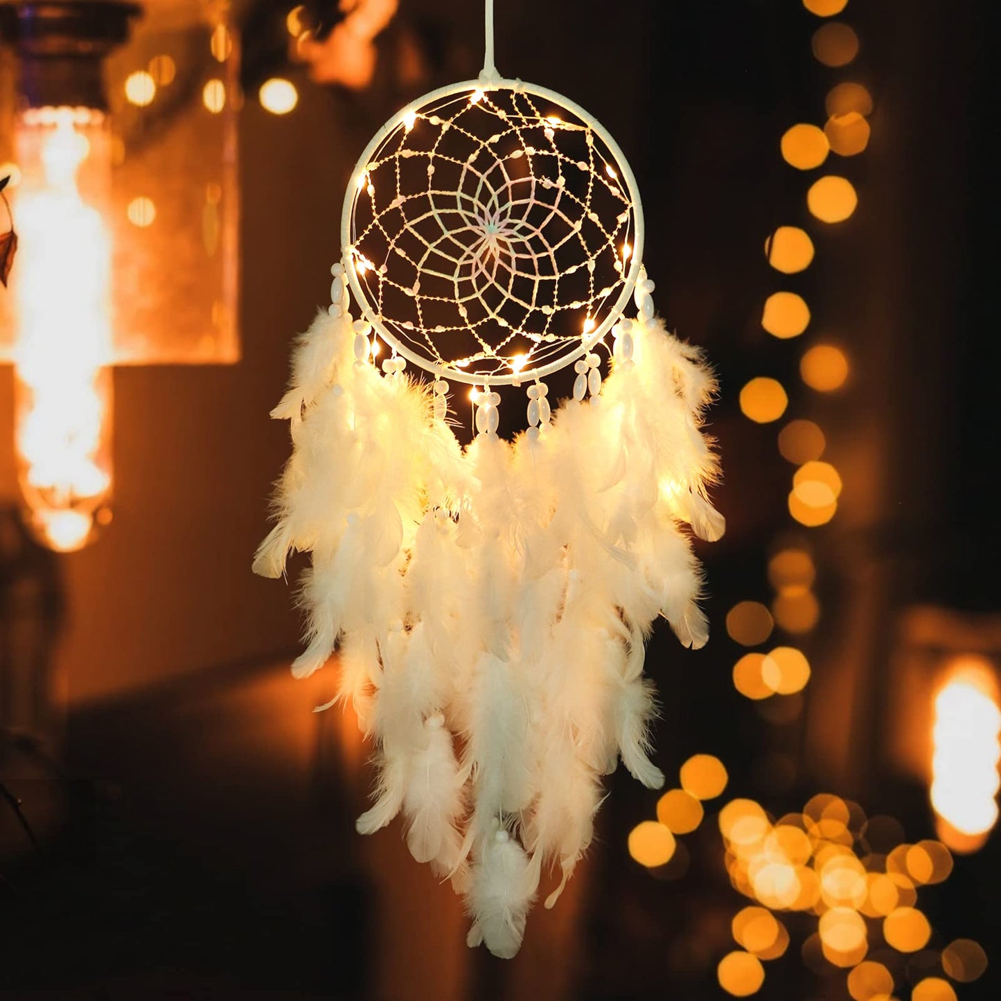 Dremisland White Feathers Dream Catcher Wall Hanging Elegant Wall Art Room Decoration for Windows Balcony Bedroom Wedding Party Gift for Girls and Kids (with Lights)