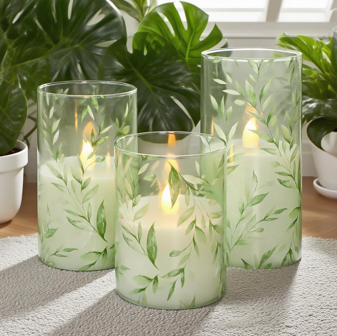 GORGE MOMENT Green Flameless Candles with Remote Willow Leaf Design Battery Operated Candles - Elegant Home Christmas Summer Decor Set of 3