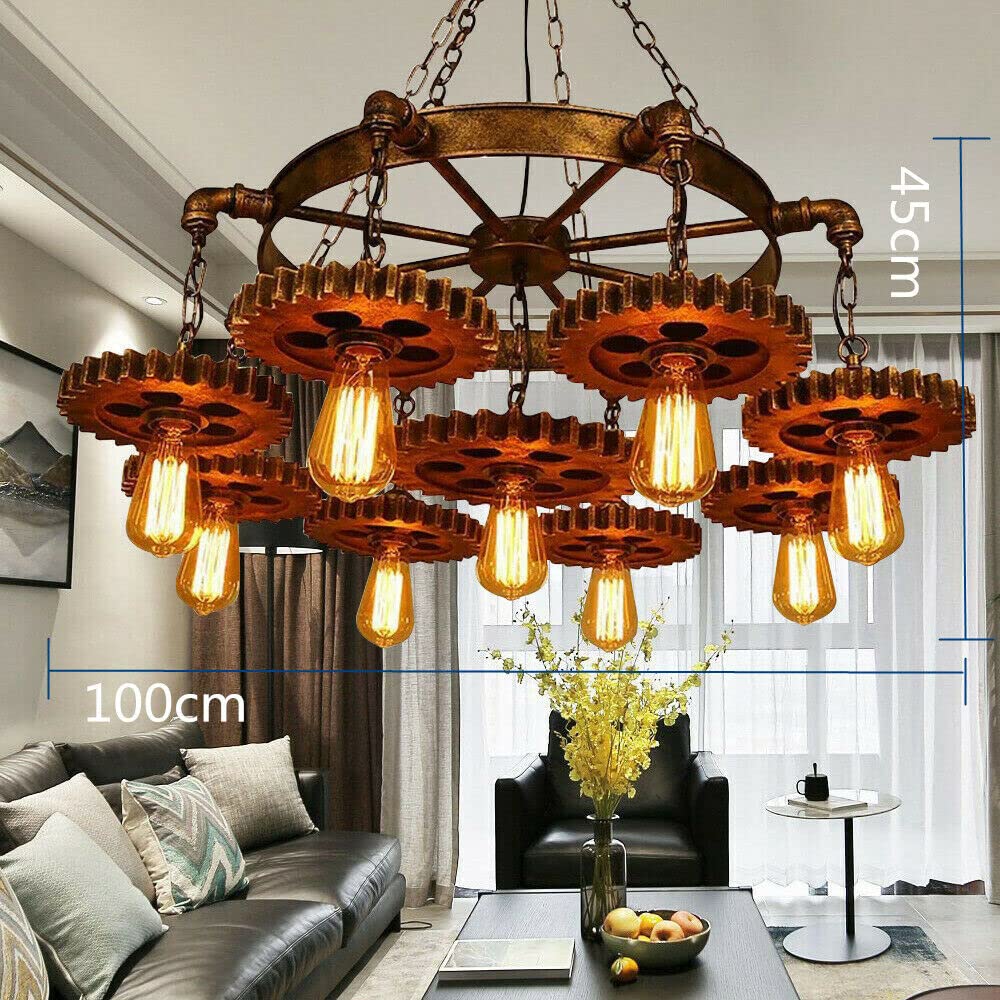 Flhonudi 9-Light Retro Industrial Pendant Light Metal Gear Hanging Lamp Farmhouse Chandelier Pendant Lamp Fixture Adjustable Height for Restaurant Pool Table Kitchen Island Bar