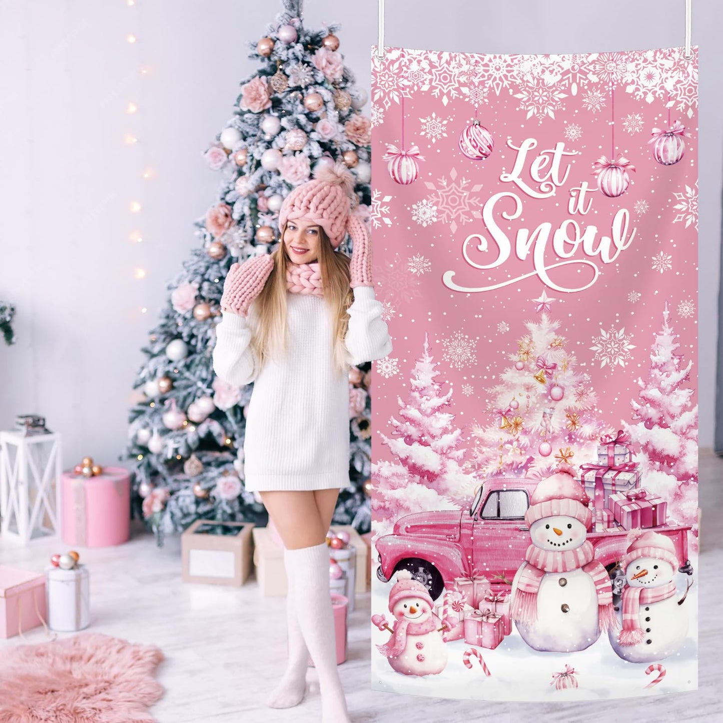 MEHOFOND 35x71inch Let it Snow Christmas Door Cover, Winter Pink Snowman Front Door Decoration, Winter Wonderland Snowman Backdrop Holiday Christmas Birthday Baby Shower Party Decor Photo Booth Props
