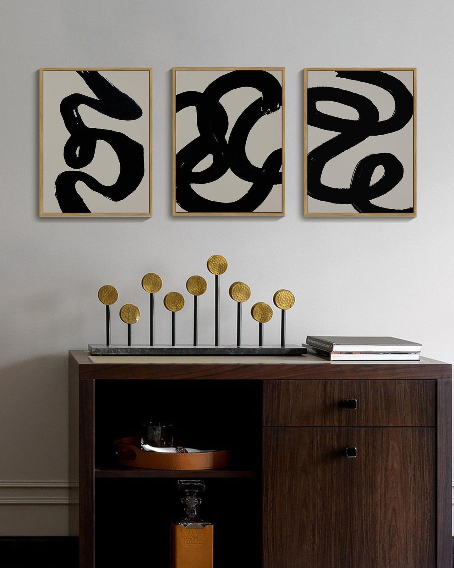 PHOPAGO Black Abstract Wall Art Ink Wash Minimalist Lines Framed Canvas Painting Artwork 11x14in Natural Framed