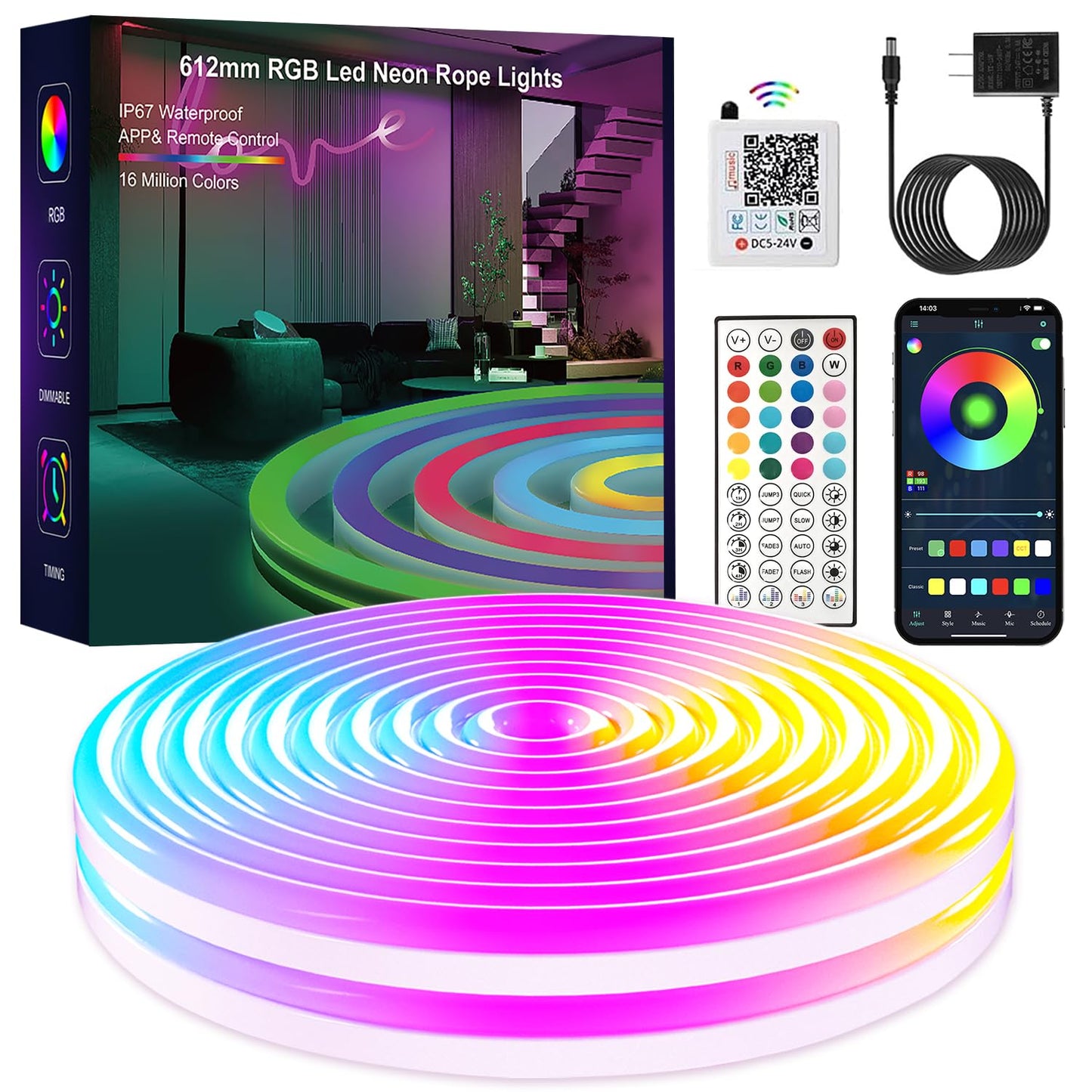 YILINM Neon RGB Rope Lights,IP67 Waterproof,Flexible Led Rope Lights,Control with App/Remote,Music Sync,for Gaming Room Living Bedroom Wall Decor (20FT)