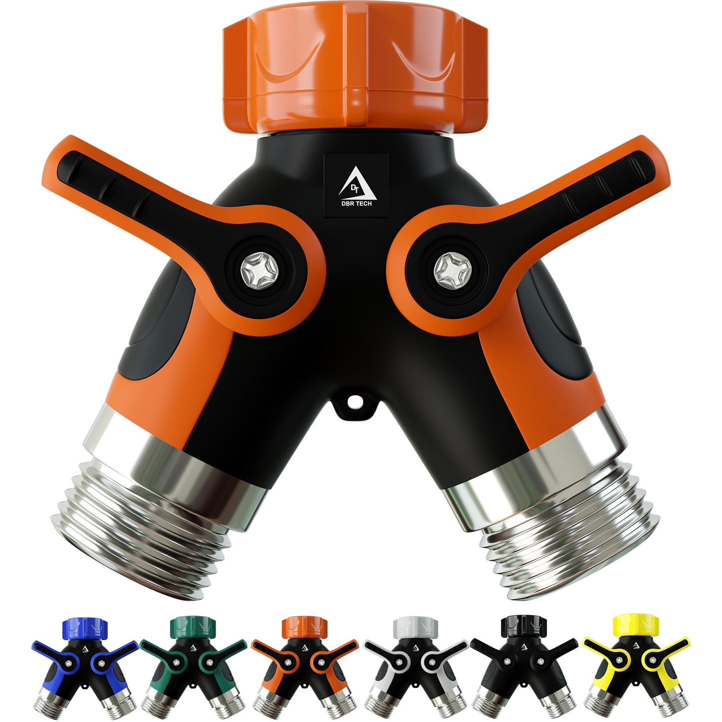 DBR Tech® Hose Splitter 2 Way, Heavy Duty Metal Connector, Two Way Garden Hose Splitter, High Flow Spigot Faucet Bib Adapter, Solid Double Y Shut Off Valve for Outdoor Gardening Hoses, Orange