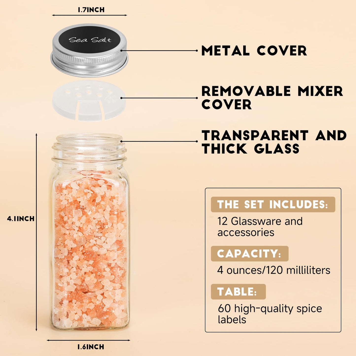 6Pcs Spice Jars with Label, 4oz Empty Square Seasoning Containers, Spice Jars with Shaker Lids, Small Spice Bottles for Salt, Herbs, Sugar, Pepper, Seasoning Jars for Spice Rack, Cabinet, or Drawer