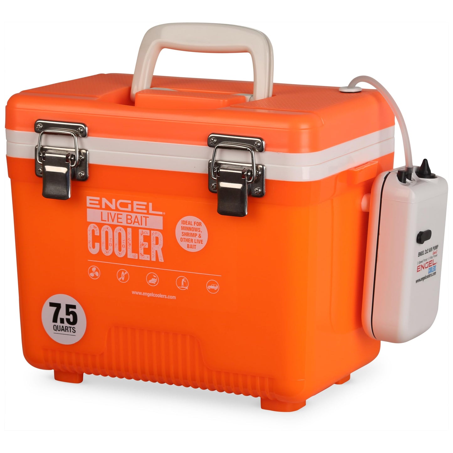 Engel 7.5qt Live Bait Cooler Box with 2nd Gen 2-Speed Aerator Pump - Portable Fishing Station & Minnow Bucket for Shrimp & Other Live Fish with Aerator - ENGLBC7-N-OHV in Orange High-Visibility