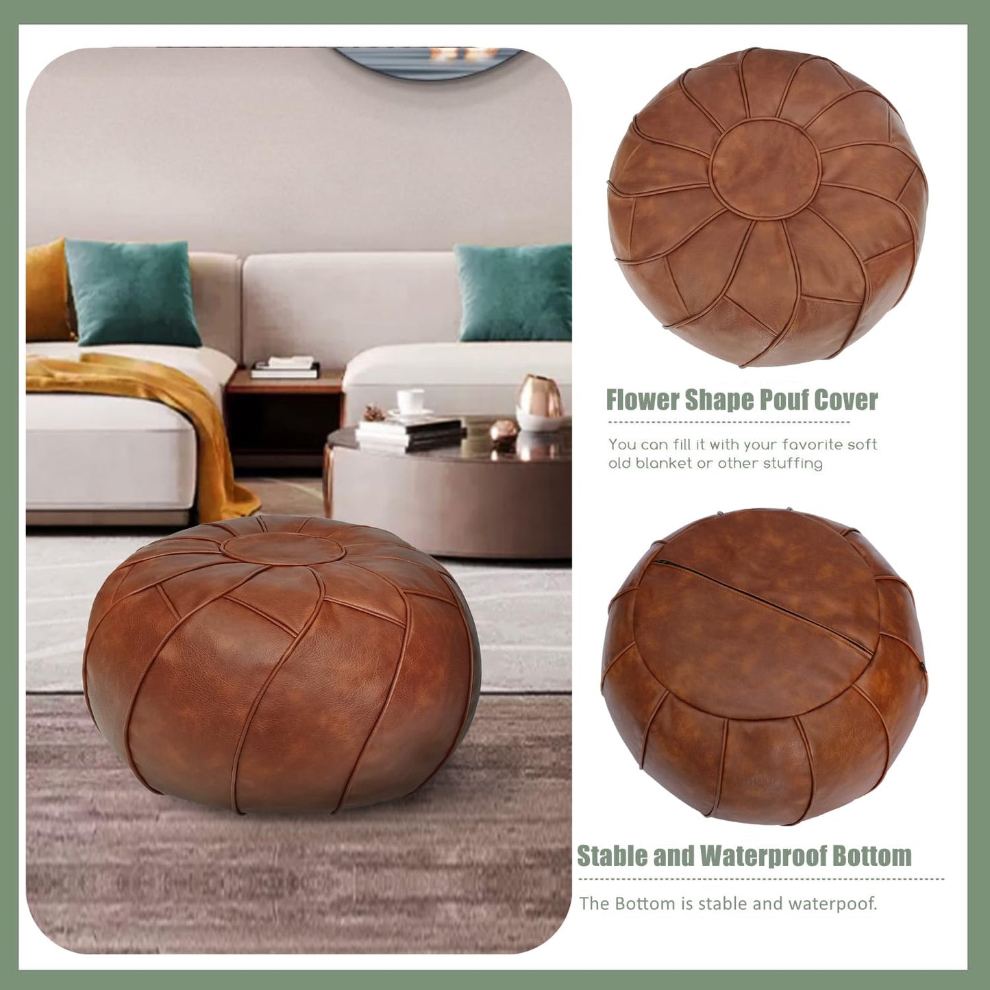 Thgonwid Round Unstuffed Pouf Cover, Leather Foot Stool Ottoman with Storage, Bean Bag Floor Chair, Multi Functional Footrest for Living Room, Bedroom or Balcony (Brown)