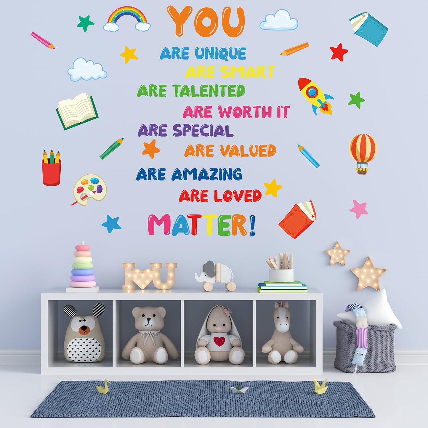 Kids Affirmation Wall Decals, Positive Motivational Wall Stickers “You are Unique Smart Talented Loved”, Peel and Stick Vinyl Decor for Kids Room, Classroom, Playroom, Nursery