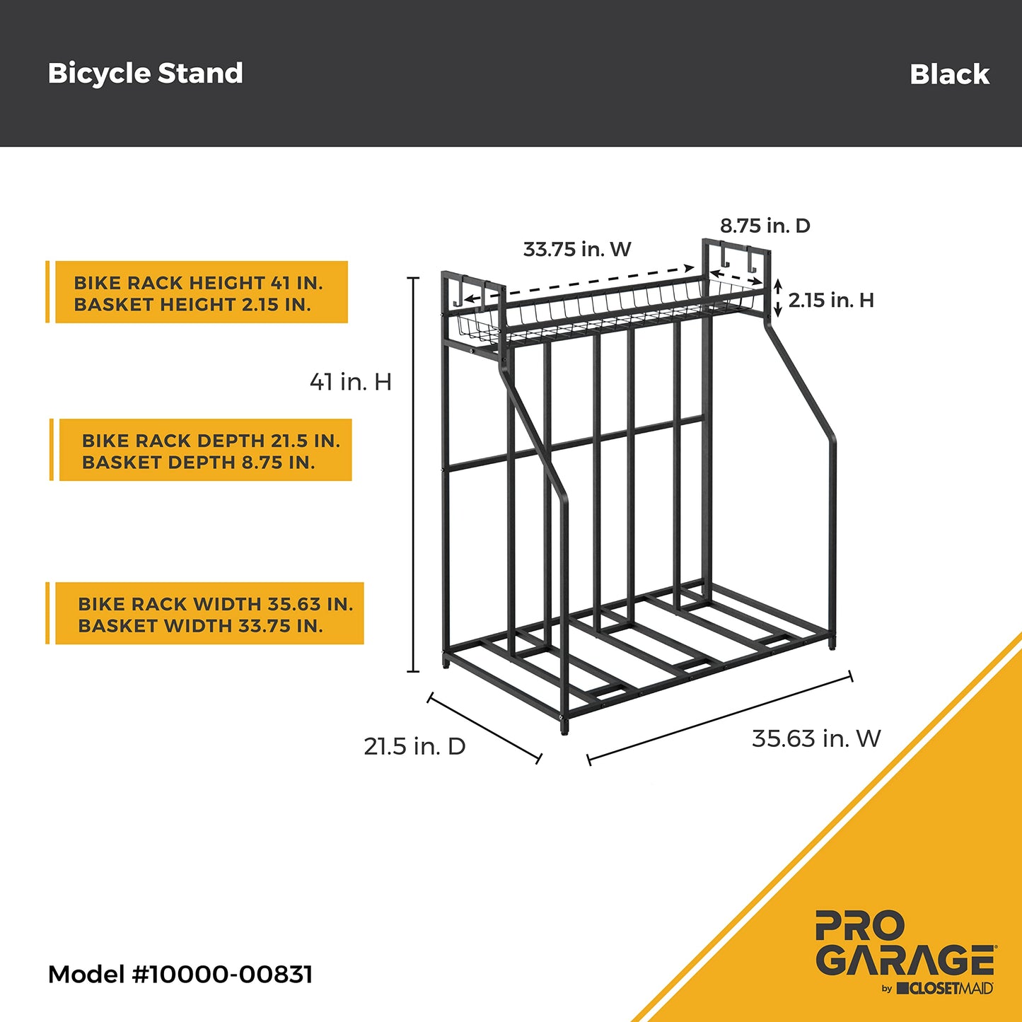 ClosetMaid ProGarage Bike Stand Rack with Storage Shelf and 4 Hooks for 3 Bicycles, Adult or Kids, Black