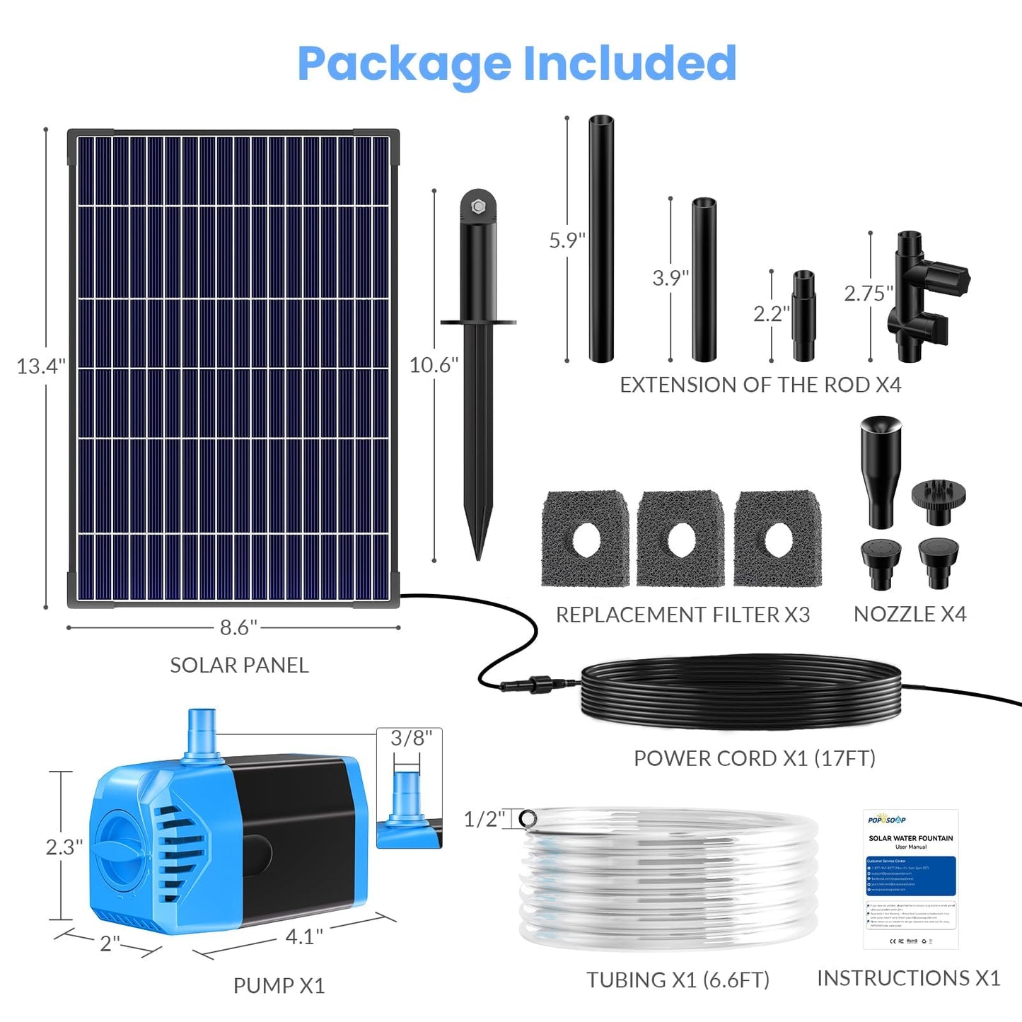 POPOSOAP 12W Solar Fountain Pump, Solar Pond Pump 160GPH Adjustable Flow, Dry-Run Protection, 16.5Ft Cord /6.6Ft Tubing for Pond/Waterfall/Garden/Hydroponics-P112L