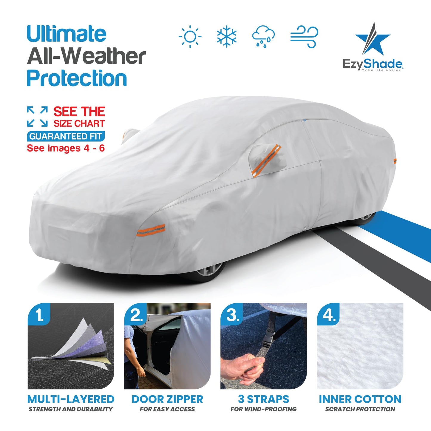 EzyShade 10-Layer Car Cover Waterproof All Weather - See Vehicle Size-Chart - Car Covers for Automobiles & Car Snow Cover - Full Exterior Covers - Winter Rain Sun SUV Sedan. Size A4 (See SizeChart)