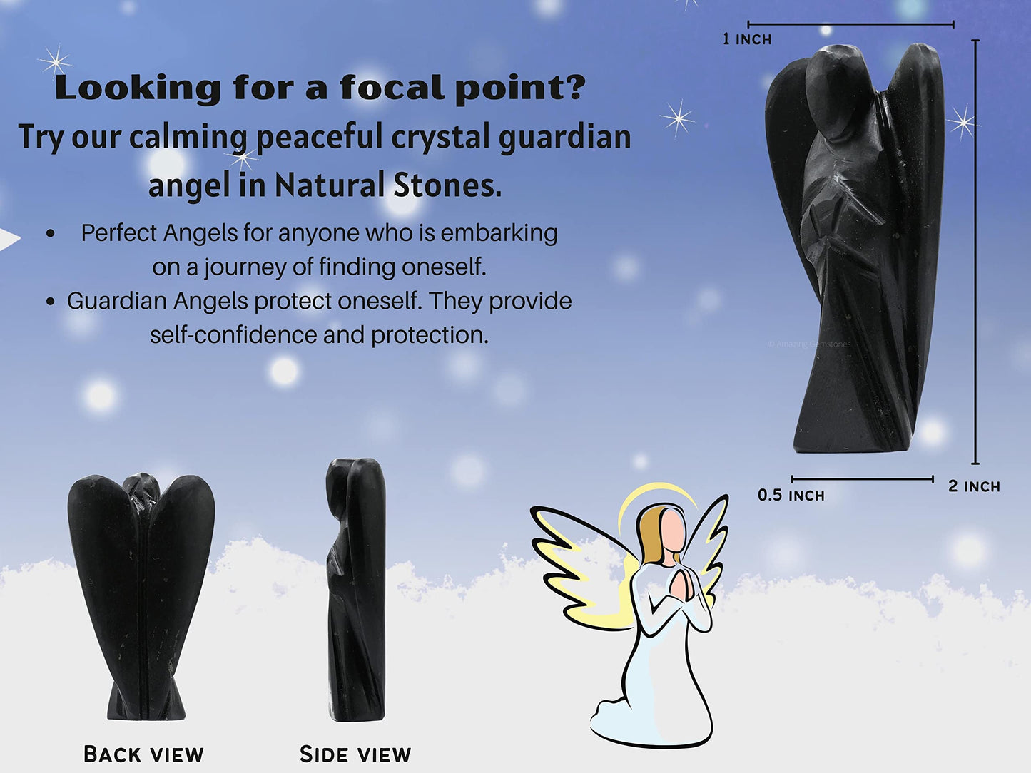 Amazing Gemstone Shungite Crystal Guardian Angel Figurines Ornament for Healing Birthstone, Decoration Statue (Hand Carved Pocket Gemstone Angel) (2 inch)