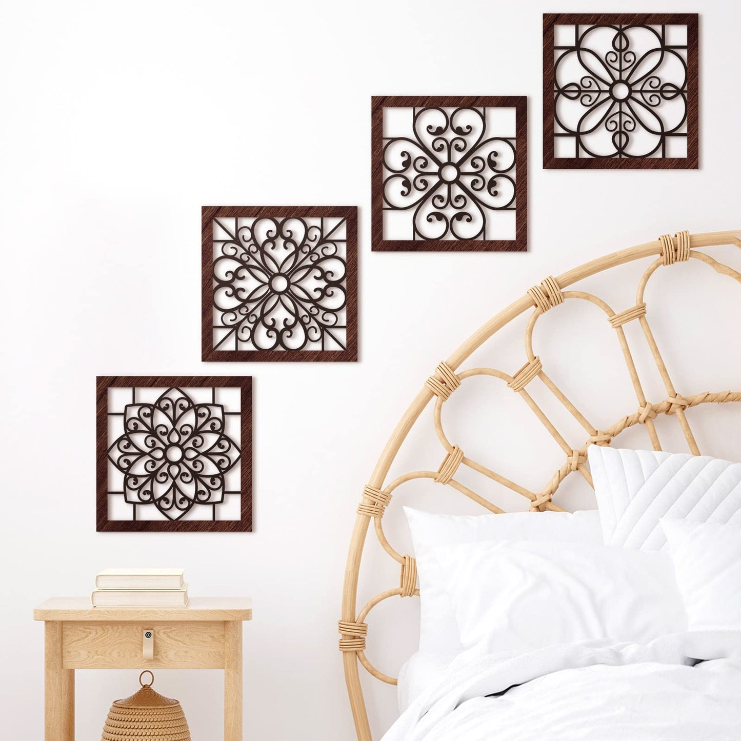 Yulejo 4 Piece Thicken Rustic Wall Decor - Wooden Hollow Carved Design Rustic Wall Art for Living Room, Bedroom, Hallway, Office, Kitchen (Brown, Black)