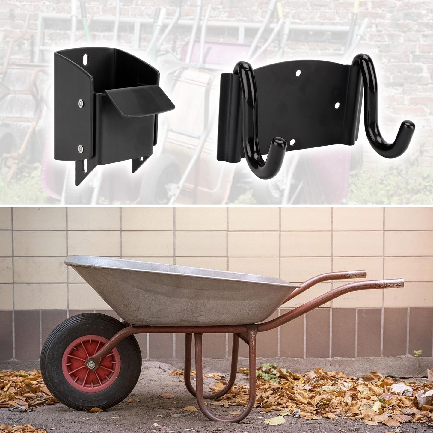 DIICCYO Heavy-Duty Wheelbarrow Storage Bracket Hook, Wheelbarrow Holder Trolley Storage Bracket with Top Lift Latch Storage Hook for Most Wheelbarrows for Outdoor Use, Black