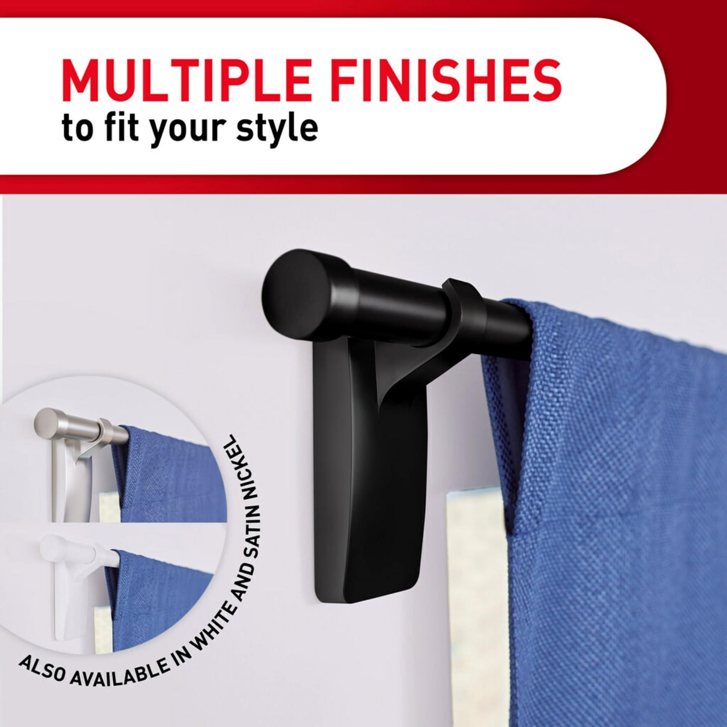 Command 10 lb Matte Black Curtain Rod Hooks, 2 Hooks and 4 Strips, No Drilling Home Decor and Room Decor, Use with Rod Diameters 0.5-0.75"